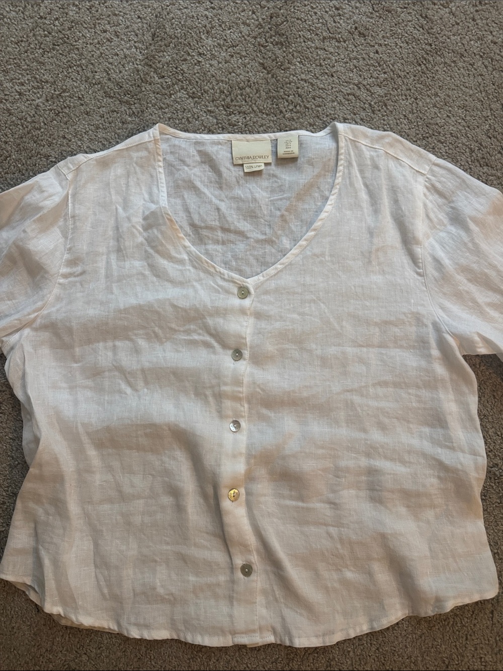 Cynthia Rowley White Linen Button-Down V-Neck Top